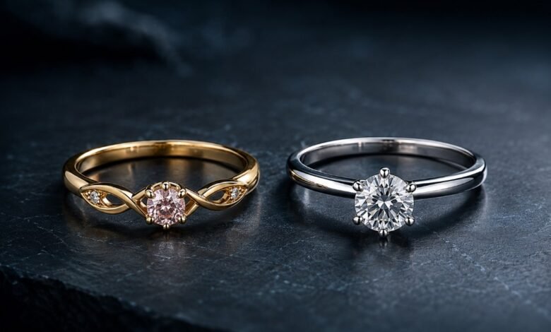 Promise ring and engagement ring comparison showing the difference between commitment, proposal meaning, symbolic design, diamond style, and relationship timing