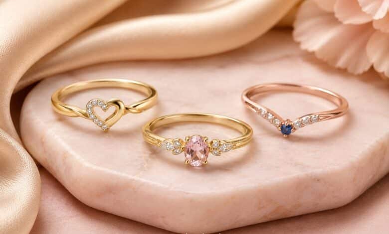 Promise rings for her with heart, birthstone, gemstone, gold, rose gold, and small diamond details for choosing a meaningful jewelry gift