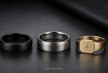 Promise rings for men with black band, brushed metal ring, and gold signet style for masculine jewelry, commitment, engraved meaning, and modern design ideas