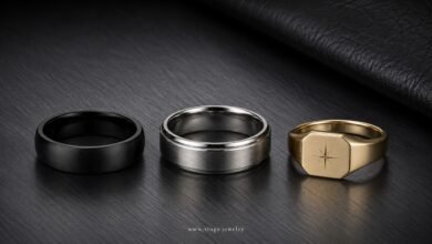 Promise rings for men with black band, brushed metal ring, and gold signet style for masculine jewelry, commitment, engraved meaning, and modern design ideas