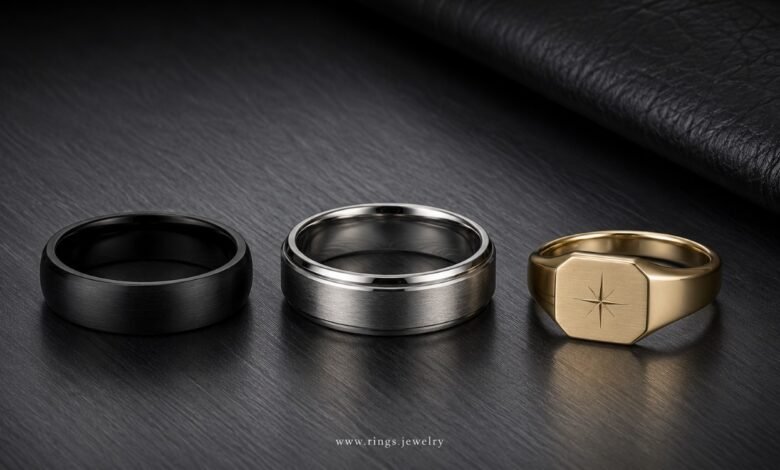 Promise rings for men with black band, brushed metal ring, and gold signet style for masculine jewelry, commitment, engraved meaning, and modern design ideas