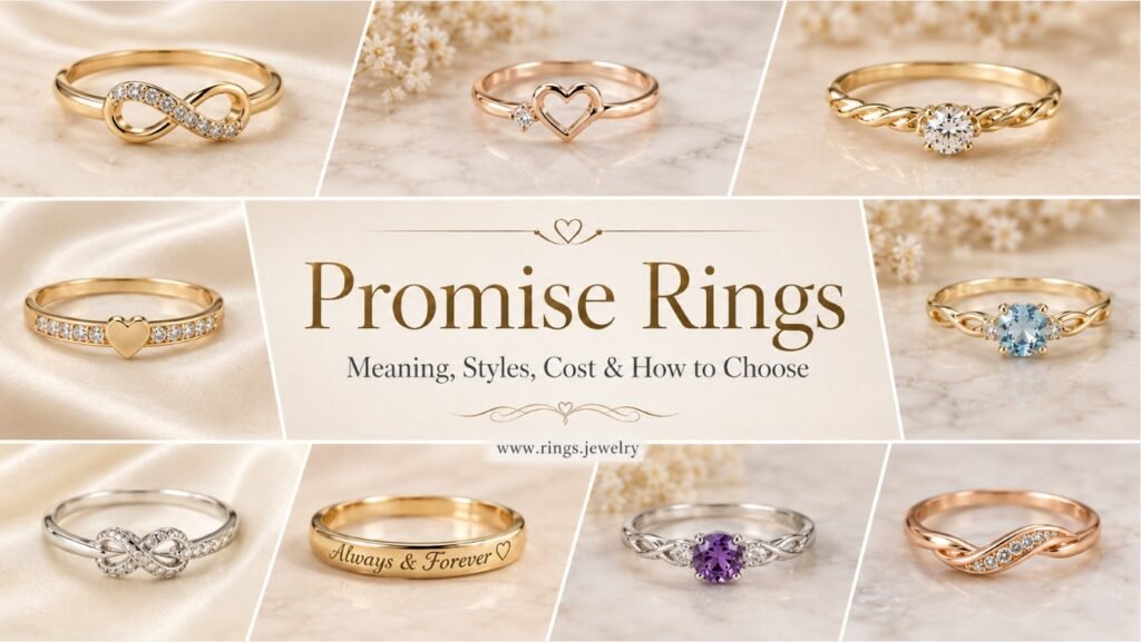 Promise Rings: Meaning, Styles, Cost, and How to Choose 2 Promise rings with gold, rose gold, silver, gemstone, heart, infinity, engraved, and diamond-accent styles for a guide to meaning, cost, and choosing the right ring