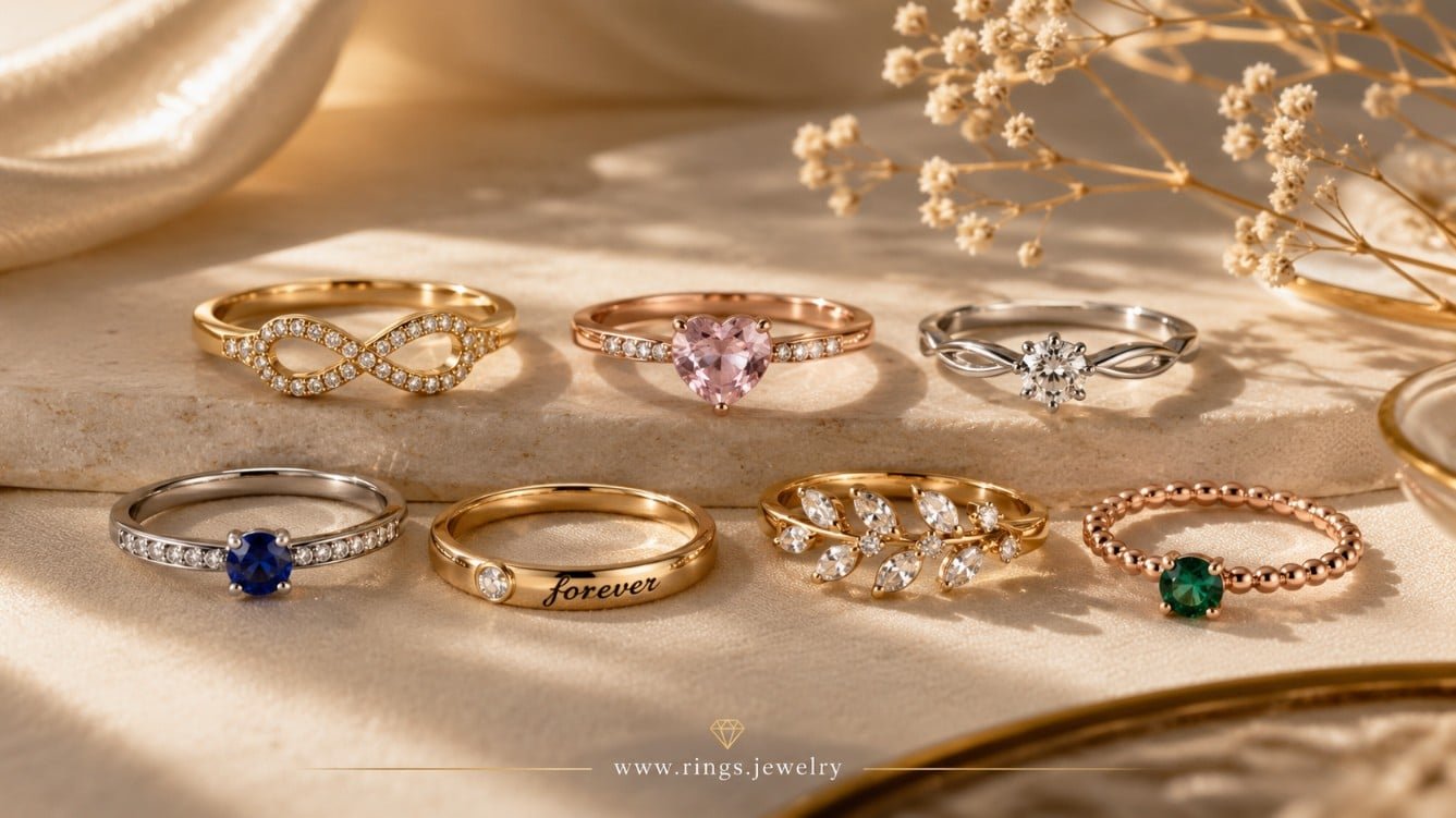 Elegant promise rings in gold, rose gold, silver, diamond, sapphire, emerald, heart, infinity, and engraved styles for a guide to meaning and choosing the right ring