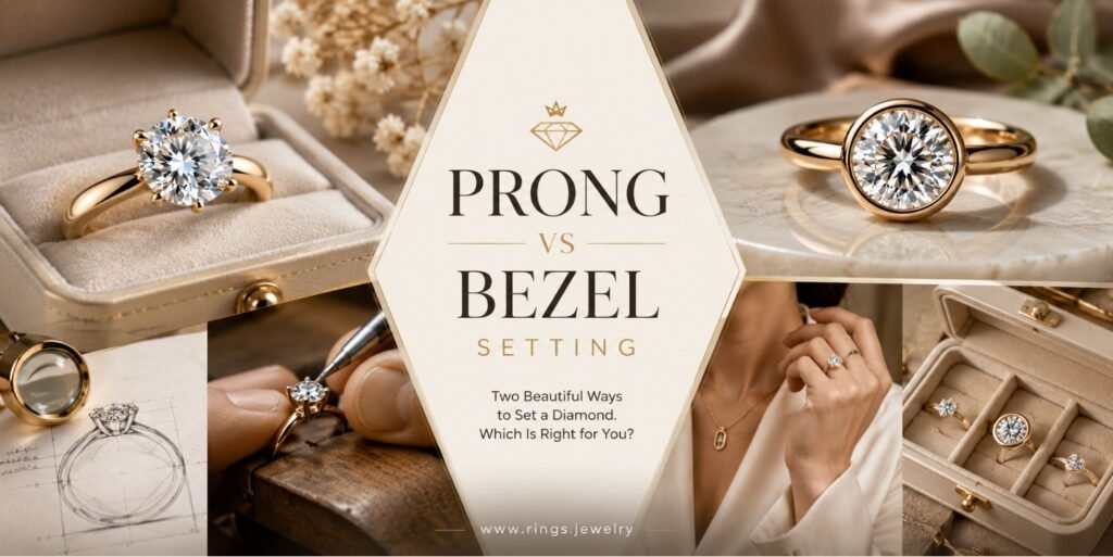 Prong vs Bezel Setting: Which Engagement Ring Is Better? 2 Prong and bezel engagement ring settings shown as a luxury jewelry comparison for sparkle security comfort and style