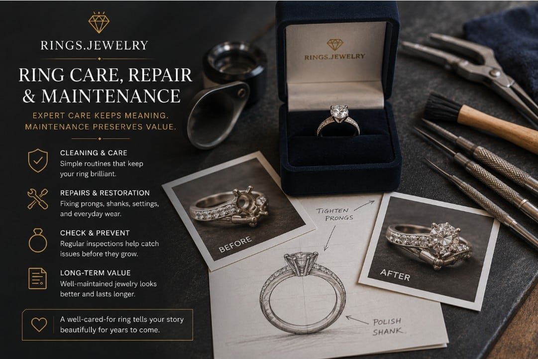 Diamond engagement ring with repair notes jewelry tools and maintenance guidance for long term care