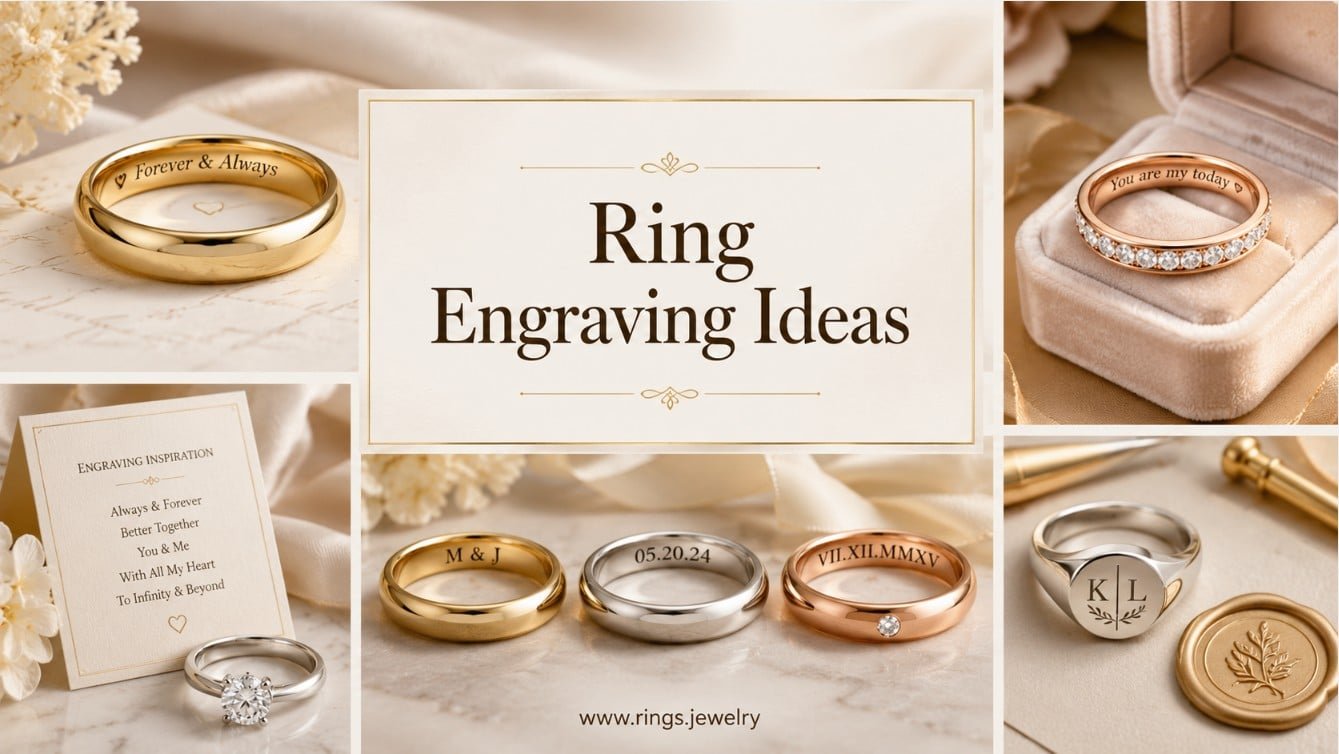 Ring engraving ideas with complete fine rings, elegant inscription examples, wedding band wording, promise ring phrases, initials, dates, symbols, and meaningful keepsake jewelry