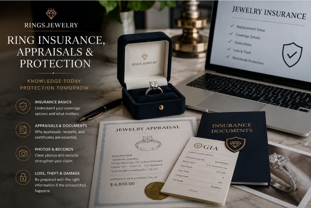 Diamond engagement ring with appraisal documents insurance records and certification for jewelry protection guidance