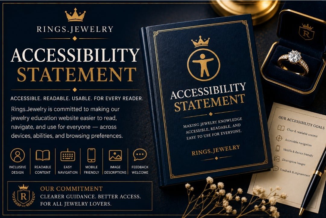Luxury jewelry accessibility statement banner with diamond ring readable content accessible navigation mobile usability image descriptions and feedback