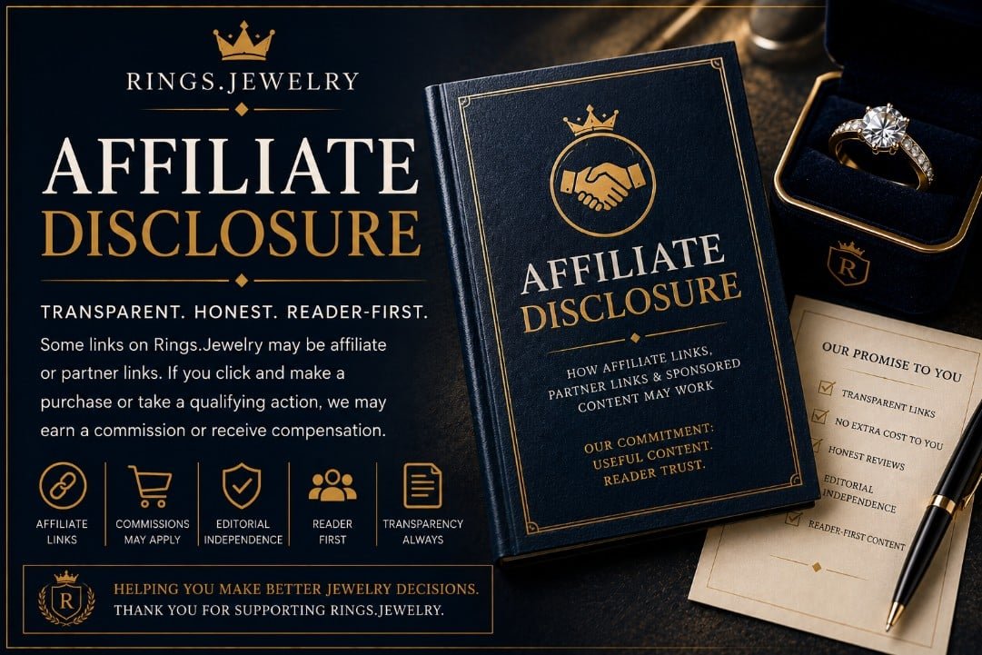 Luxury jewelry affiliate disclosure banner with diamond ring partner links sponsored content commissions transparency and reader trust