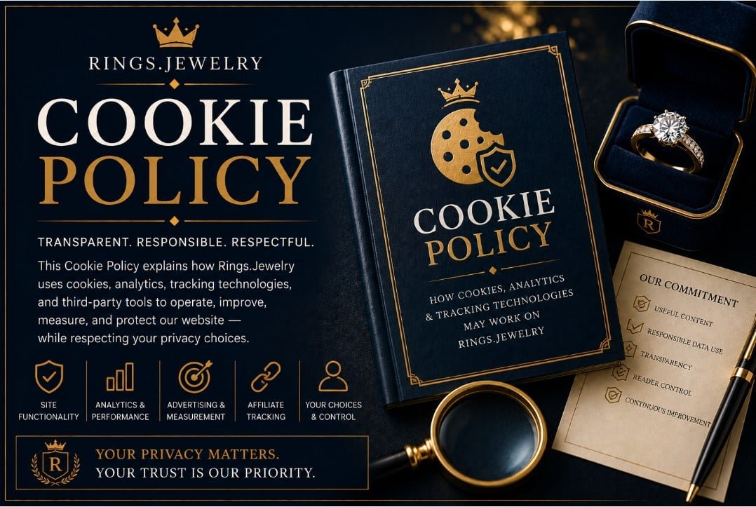 Luxury jewelry cookie policy banner with diamond ring cookies analytics tracking technologies affiliate measurement and reader privacy choices