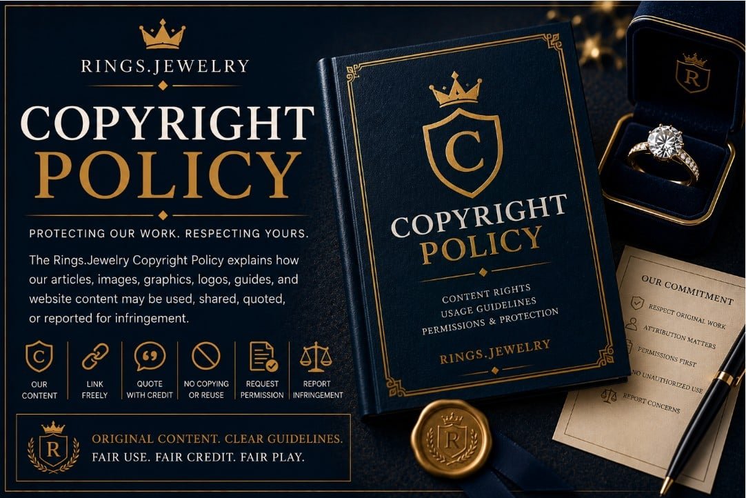 Luxury jewelry copyright policy banner with diamond ring content rights usage guidelines permissions attribution and infringement reporting