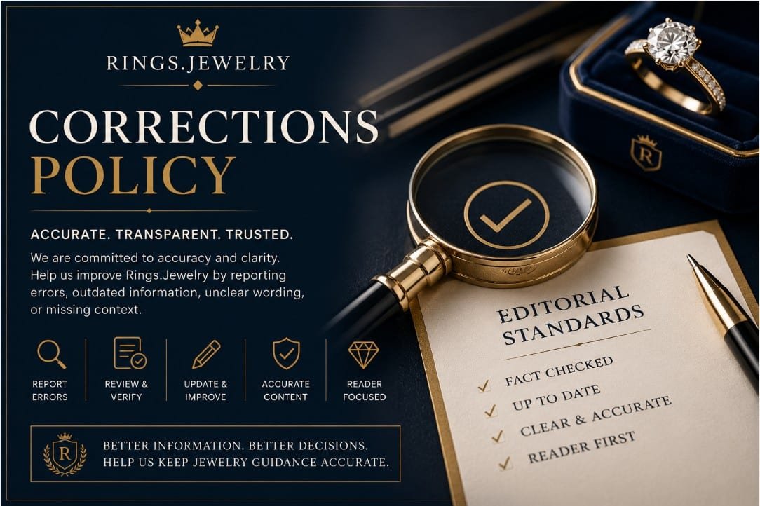 Luxury jewelry corrections policy banner with diamond ring editorial standards magnifying glass accuracy review and reader trust
