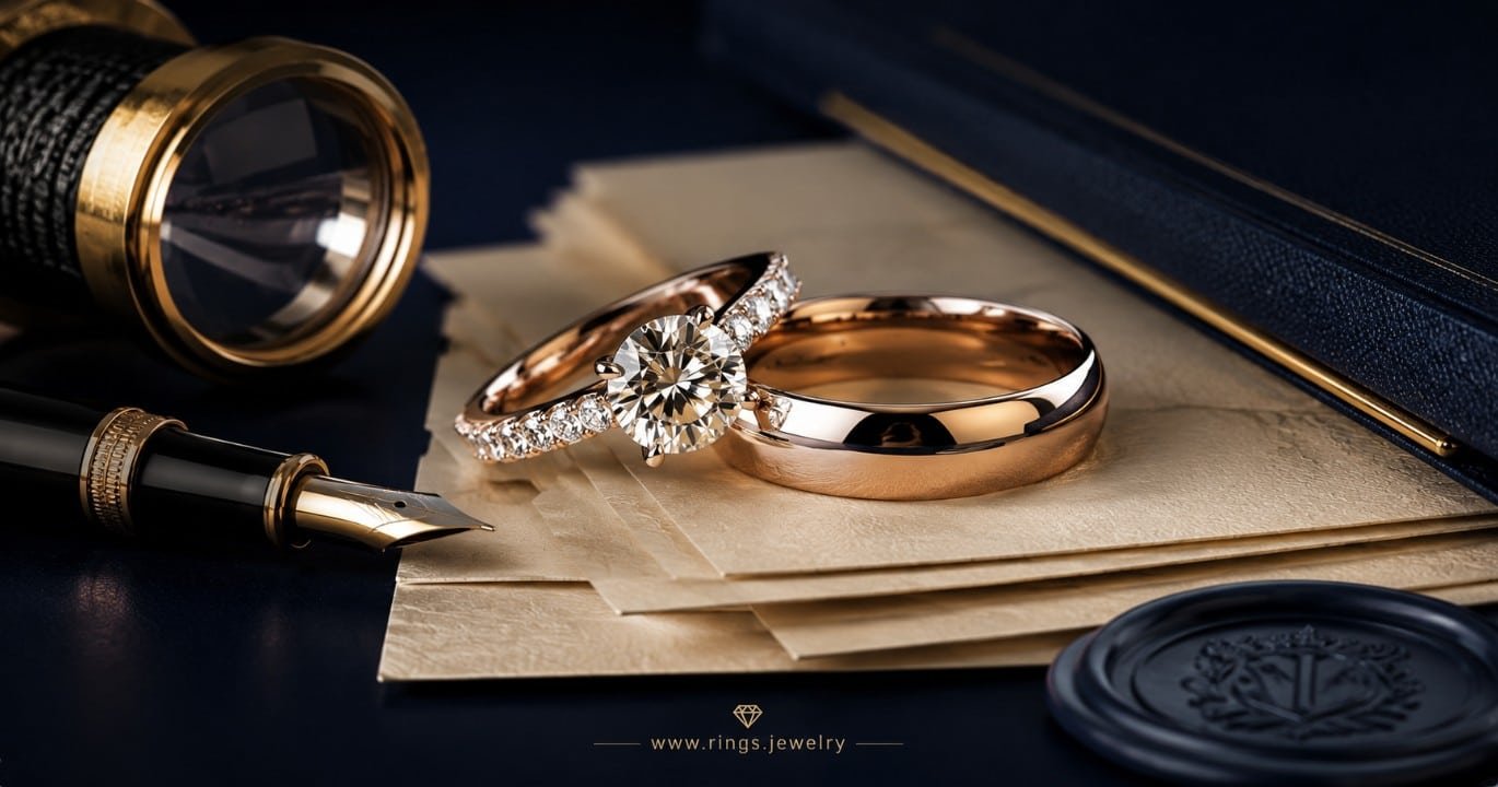 Diamond rings with editorial documents magnifying glass and pen representing jewelry content standards review and trust