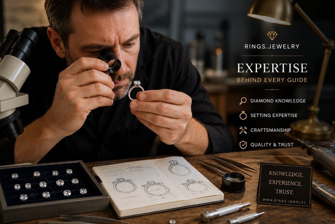 Jewelry expert examining a diamond engagement ring with tools sketches and gemstones for trusted ring buying guidance