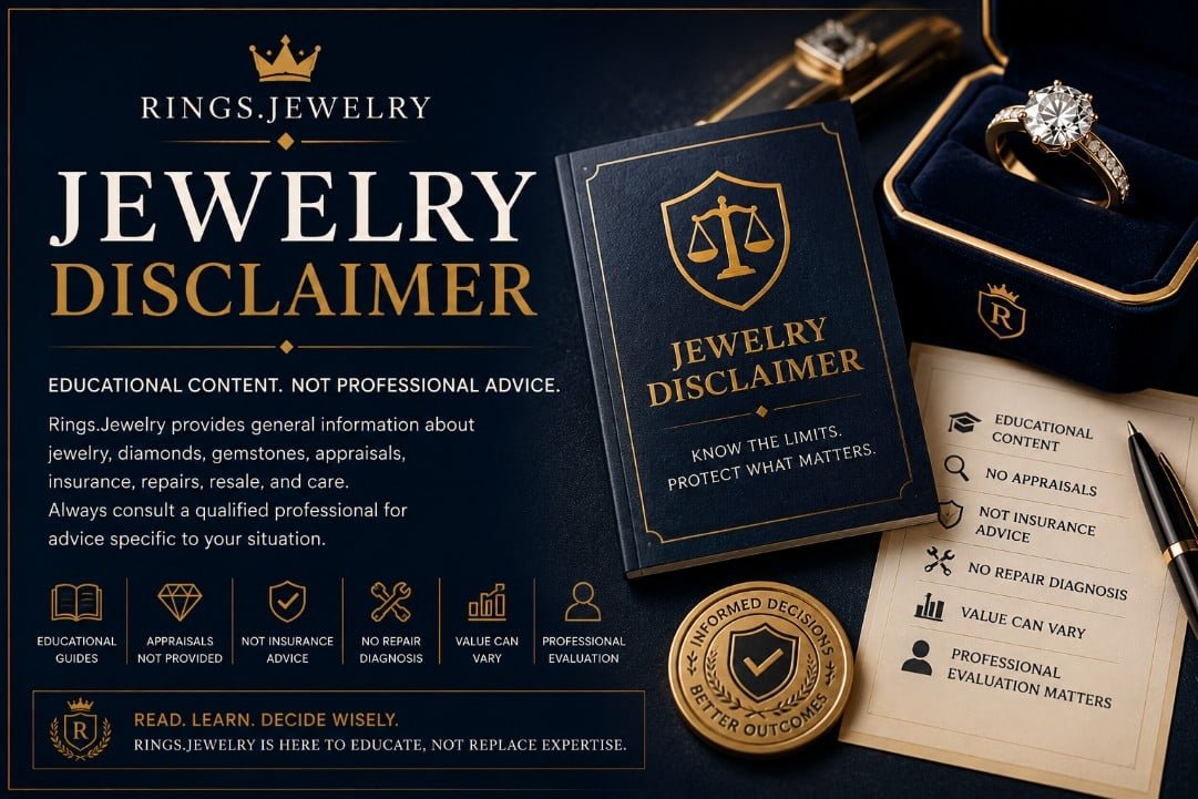 Luxury jewelry disclaimer banner with diamond ring educational content appraisal limits insurance repair resale and professional evaluation themes