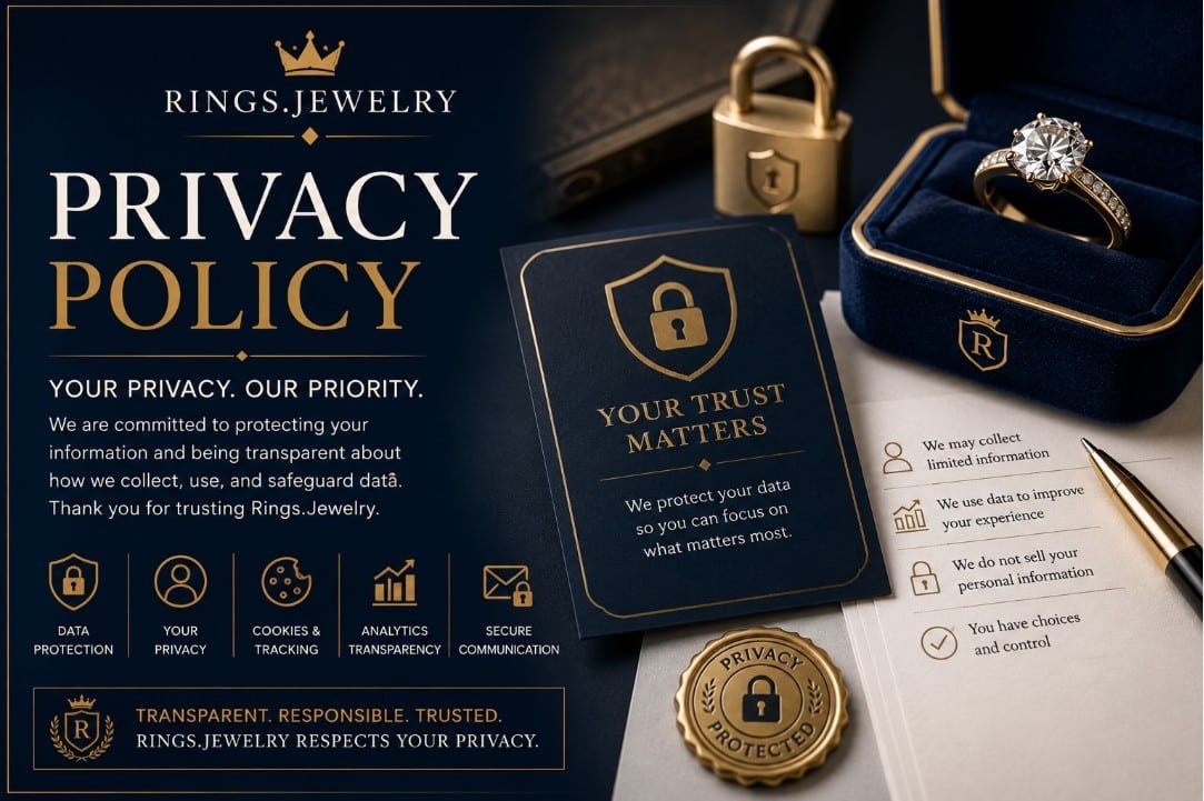 Luxury jewelry privacy policy banner with diamond ring data protection lock cookies analytics and secure communication themes