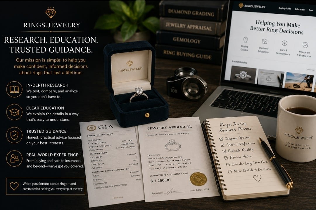 Rings.Jewelry research desk with diamond ring appraisal documents certification and expert guidance for confident ring decisions