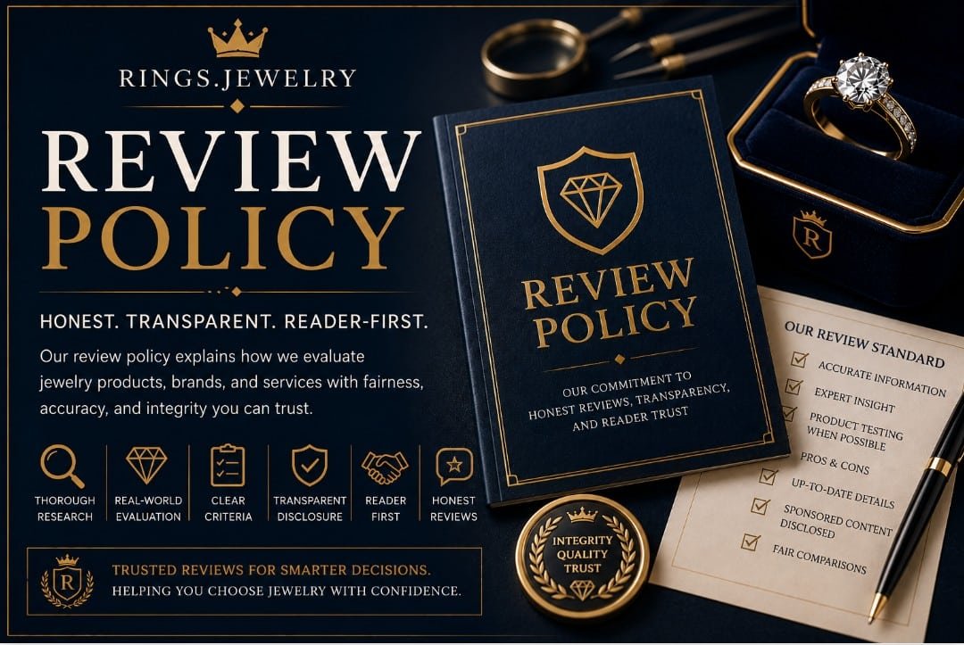 Luxury jewelry review policy banner with diamond ring review standards transparent disclosure product evaluation and reader trust