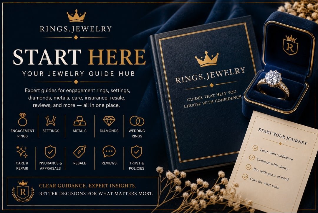 Luxury jewelry guide hub banner with diamond ring engagement rings settings metals diamonds care insurance resale reviews and trust policies