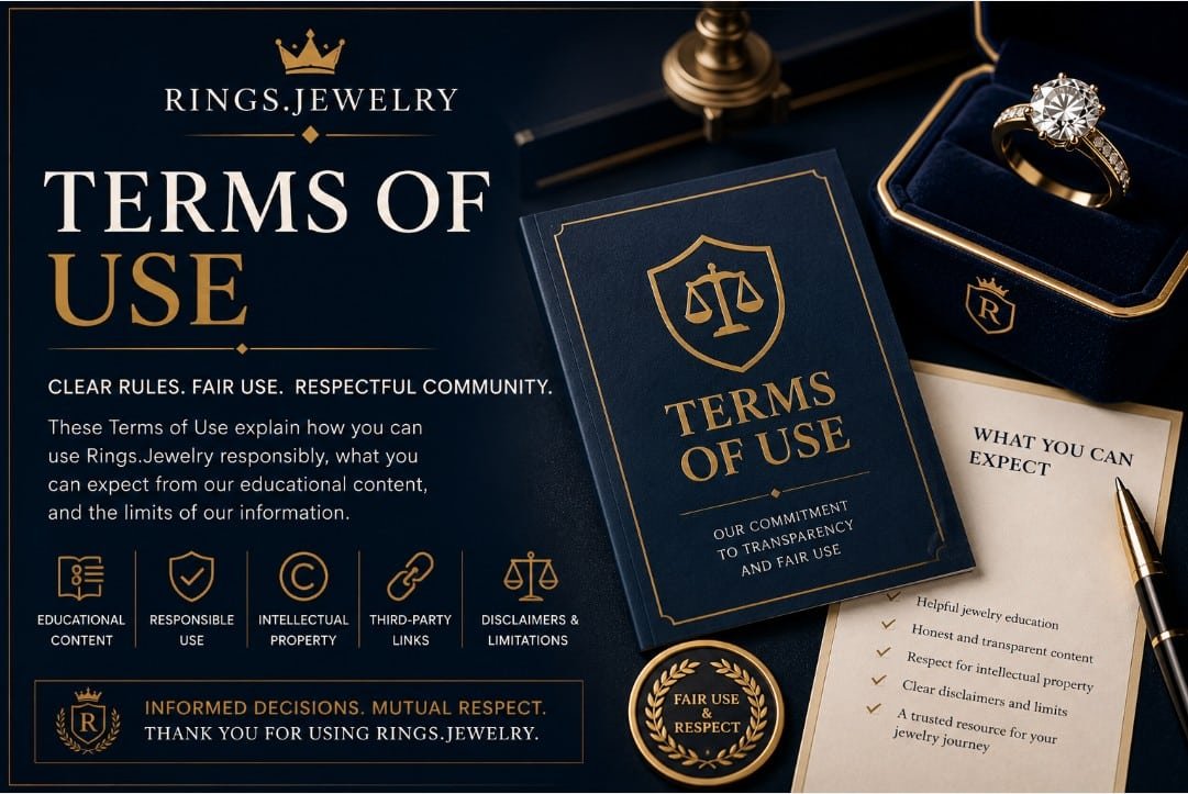 Luxury jewelry terms of use banner with diamond ring legal document fair use intellectual property disclaimers and website rules