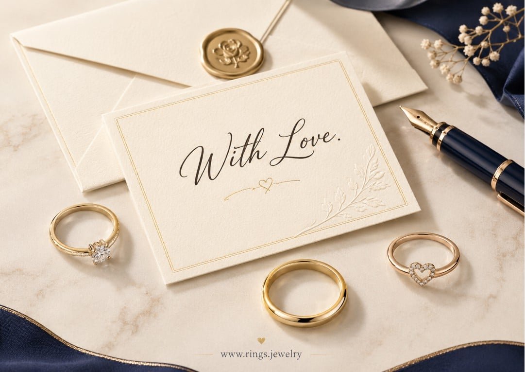 Short ring gift messages with elegant jewelry cards, fine gold rings, romantic wording, and luxury stationery for meaningful gifts
