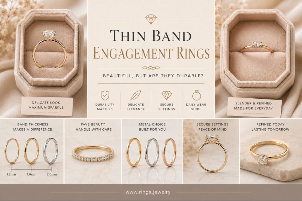 Thin Band Engagement Rings: Beautiful, But Are They Durable? 2 Thin band engagement rings guide with band thickness, secure settings, metal choice, and daily wear durability