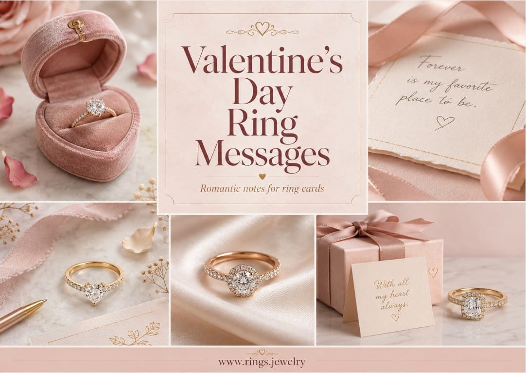 Valentine’s Day ring messages with complete fine rings, romantic jewelry cards, proposal note ideas, promise ring wording, and elegant love gift styling