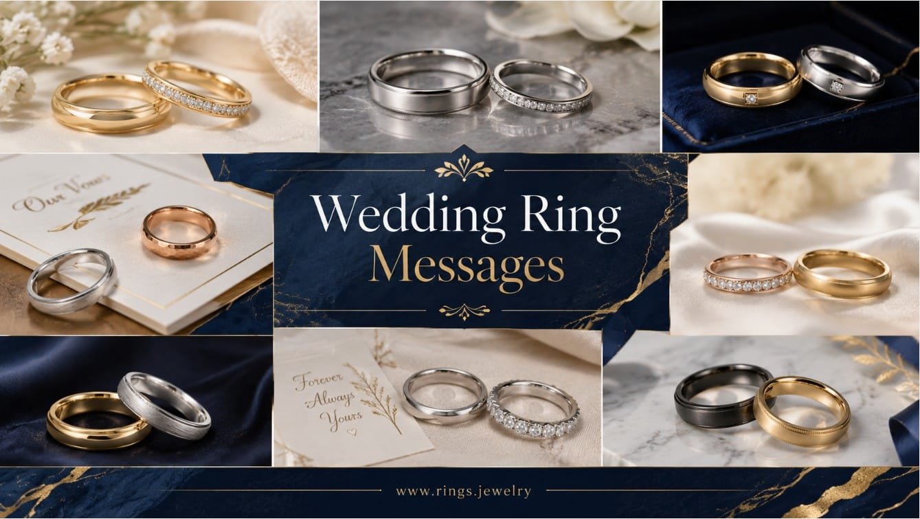 Wedding ring messages with complete wedding bands, elegant vow cards, ring exchange wording, matching bands, and luxury wedding jewelry styling