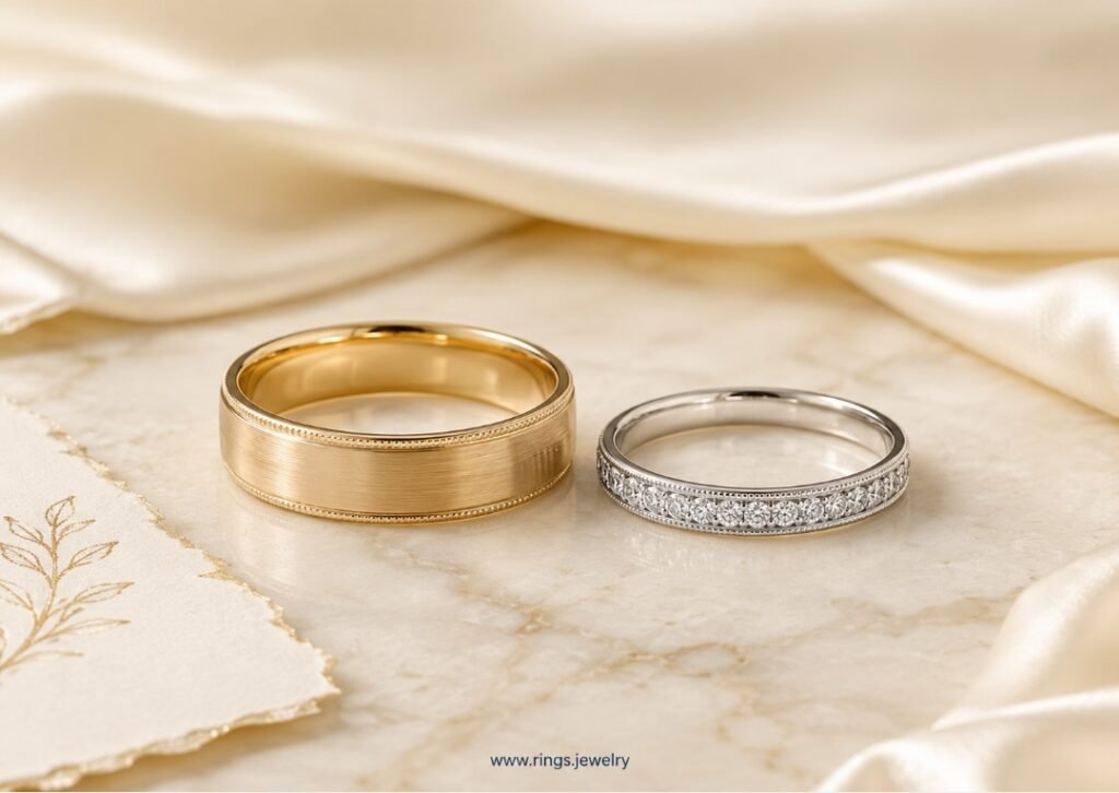 Wedding ring messages with elegant gold and diamond wedding bands, meaningful jewelry card styling, vow-inspired notes, and luxury wedding gift ideas