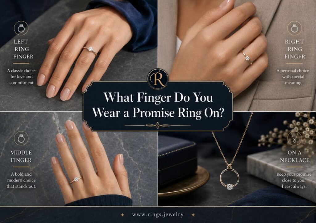 What Finger Do You Wear a Promise Ring On? 2 Promise ring placement guide showing left ring finger, right ring finger, middle finger, and necklace options for romantic commitment, personal meaning, and avoiding engagement confusion