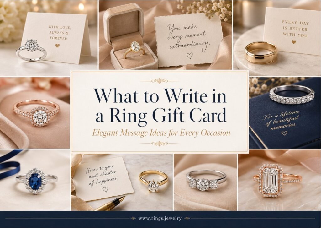 What to write in a ring gift card with elegant fine rings, meaningful jewelry card wording, romantic ring notes, proposal message ideas, anniversary wishes, birthday gift notes, and thank-you examples