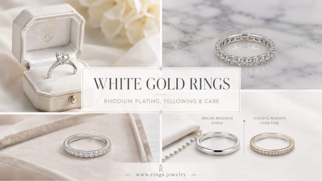 White Gold Rings: Rhodium Plating, Yellowing, and Care 2 White gold rings guide with rhodium plating, yellowing, cleaning, replating, and daily wear care