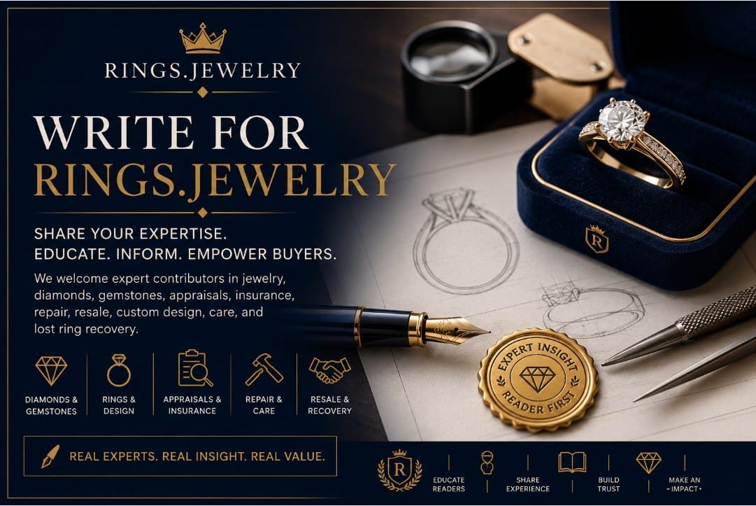 Luxury jewelry contributor banner with diamond ring design sketches expert insight appraisals repair care resale and recovery topics
