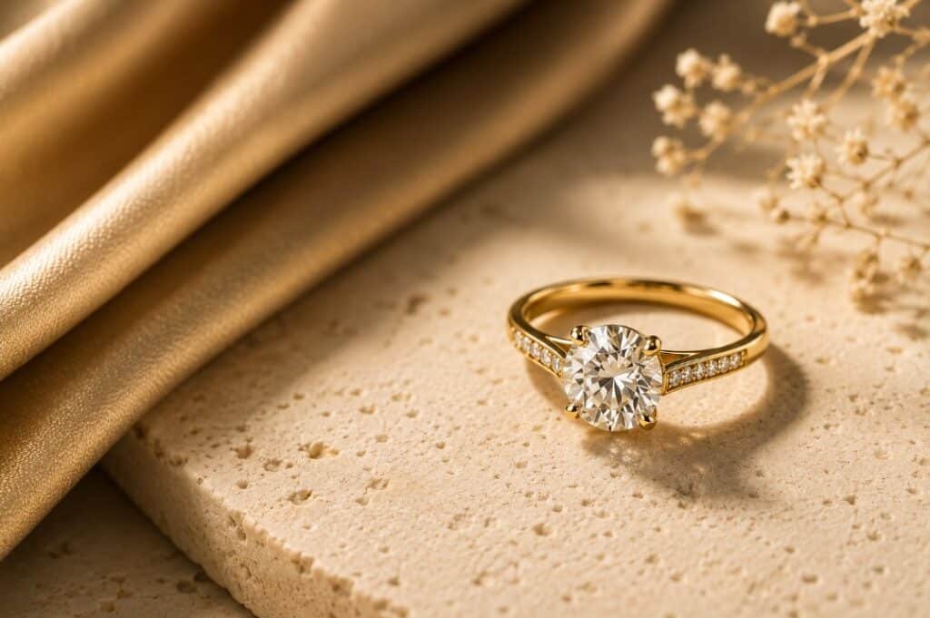 Yellow Gold Engagement Rings Are Back 3 Yellow gold diamond engagement ring on a warm stone surface