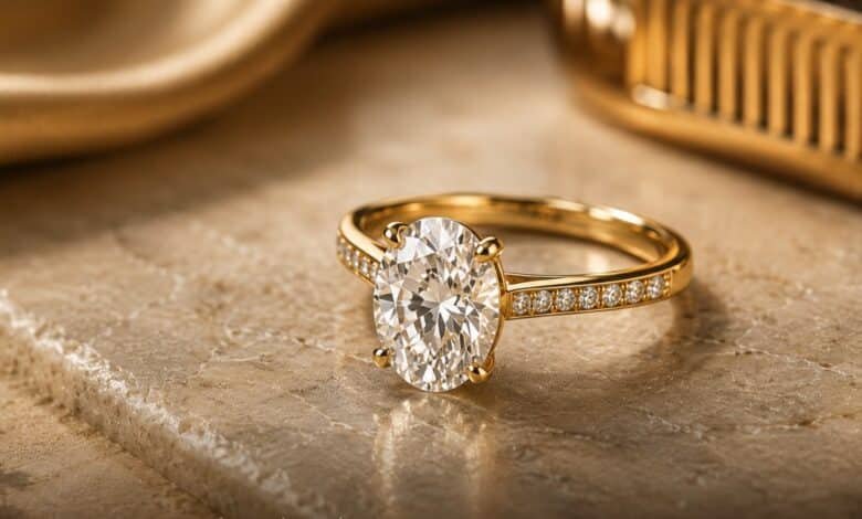 Oval yellow gold diamond engagement ring on warm marble