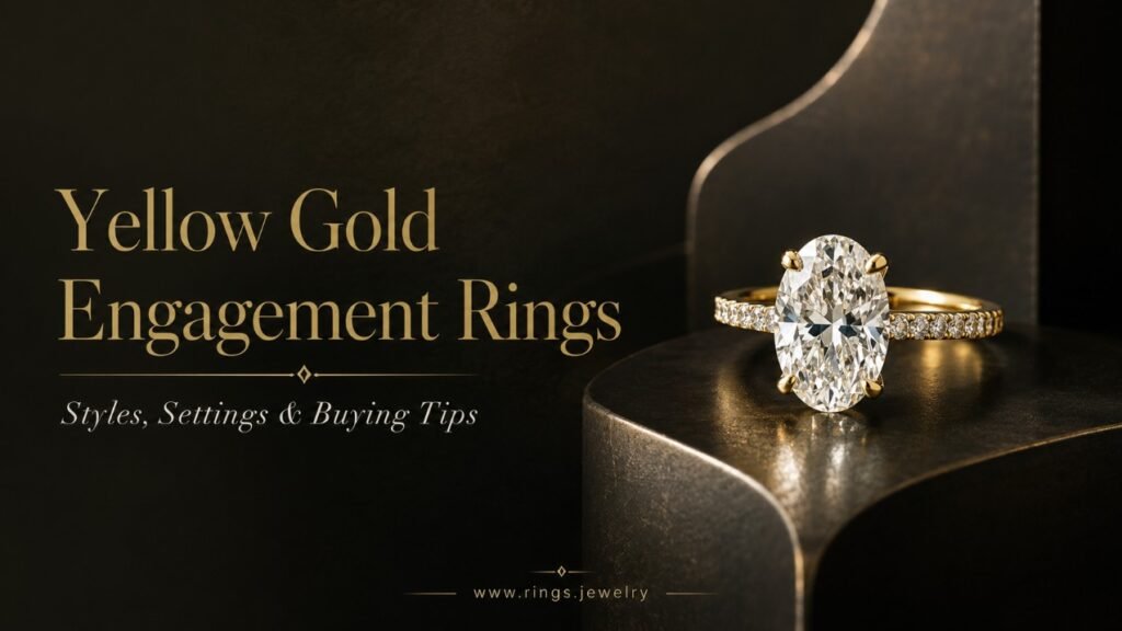 Yellow Gold Engagement Rings Are Back 2 Yellow gold engagement rings banner with oval diamond ring and luxury dark gold styling